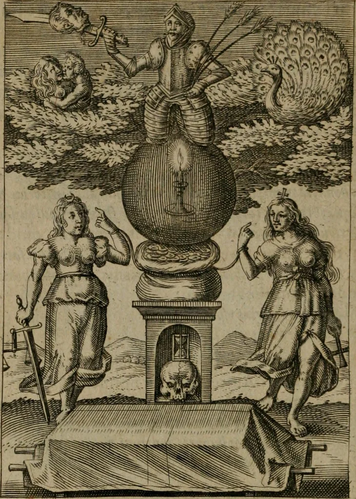 An illustration from Viridarium hieroglyphico-morale : in quo virtutes et vitia, atque mores huius aeui secundum tres ordines hierarchicos, ecclesiasticum, politicum, oeconomicum, per definitiones, distributiones, causas, adfectiones, adiuncta, effecta &c. piè, prudenter, dextrè ac variè explicantur, & non tantum dictis, & exemplis historiarum veterum ac recentium, ex sacris scripturis, sanctis patribus, seu Dd. ecclesiae, poetis, philosophis, historicis cum Christianorum tum gentilium, sed etiam artificiosissimis eiconibus hieroglyphicis illustrantur : opusculum novum ac rarum, cuius vsum atq[ue] vtilitatem praefixa praefatio docebit, 1619, leaf 19