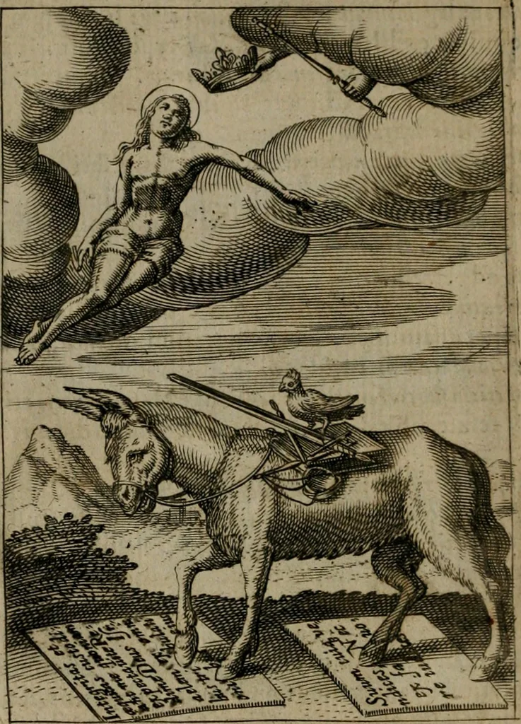 An illustration from Viridarium hieroglyphico-morale : in quo virtutes et vitia, atque mores huius aeui secundum tres ordines hierarchicos, ecclesiasticum, politicum, oeconomicum, per definitiones, distributiones, causas, adfectiones, adiuncta, effecta &c. piè, prudenter, dextrè ac variè explicantur, & non tantum dictis, & exemplis historiarum veterum ac recentium, ex sacris scripturis, sanctis patribus, seu Dd. ecclesiae, poetis, philosophis, historicis cum Christianorum tum gentilium, sed etiam artificiosissimis eiconibus hieroglyphicis illustrantur : opusculum novum ac rarum, cuius vsum atq[ue] vtilitatem praefixa praefatio docebit, 1619, leaf 25