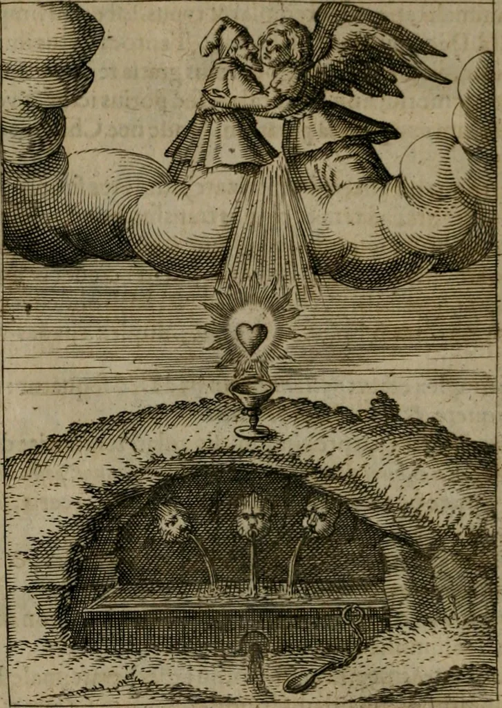 An illustration from Viridarium hieroglyphico-morale : in quo virtutes et vitia, atque mores huius aeui secundum tres ordines hierarchicos, ecclesiasticum, politicum, oeconomicum, per definitiones, distributiones, causas, adfectiones, adiuncta, effecta &c. piè, prudenter, dextrè ac variè explicantur, & non tantum dictis, & exemplis historiarum veterum ac recentium, ex sacris scripturis, sanctis patribus, seu Dd. ecclesiae, poetis, philosophis, historicis cum Christianorum tum gentilium, sed etiam artificiosissimis eiconibus hieroglyphicis illustrantur : opusculum novum ac rarum, cuius vsum atq[ue] vtilitatem praefixa praefatio docebit, 1619, leaf 27