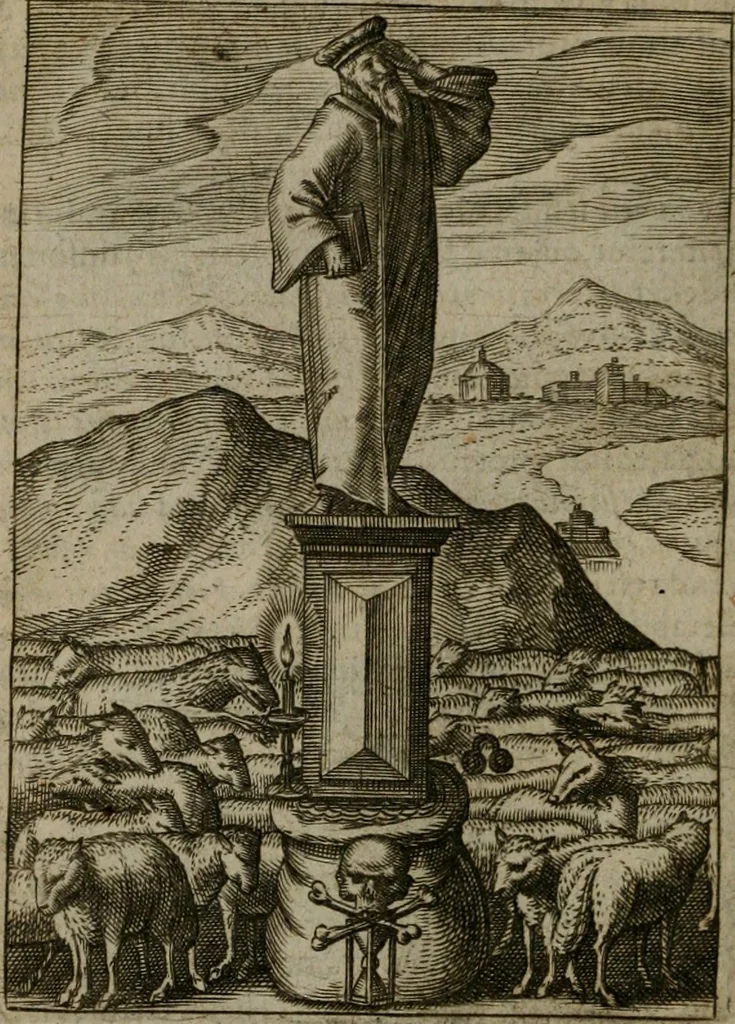An illustration from Viridarium hieroglyphico-morale : in quo virtutes et vitia, atque mores huius aeui secundum tres ordines hierarchicos, ecclesiasticum, politicum, oeconomicum, per definitiones, distributiones, causas, adfectiones, adiuncta, effecta &c. piè, prudenter, dextrè ac variè explicantur, & non tantum dictis, & exemplis historiarum veterum ac recentium, ex sacris scripturis, sanctis patribus, seu Dd. ecclesiae, poetis, philosophis, historicis cum Christianorum tum gentilium, sed etiam artificiosissimis eiconibus hieroglyphicis illustrantur : opusculum novum ac rarum, cuius vsum atq[ue] vtilitatem praefixa praefatio docebit, 1619, leaf 37