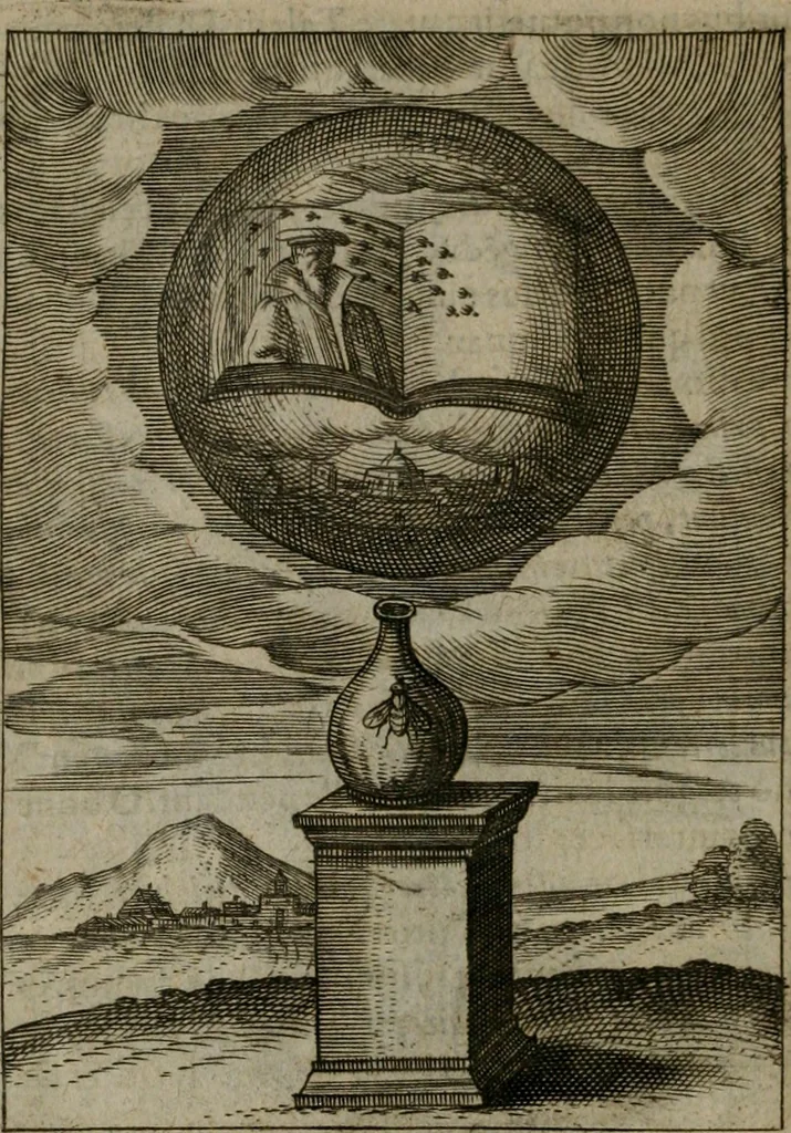 An illustration from Viridarium hieroglyphico-morale : in quo virtutes et vitia, atque mores huius aeui secundum tres ordines hierarchicos, ecclesiasticum, politicum, oeconomicum, per definitiones, distributiones, causas, adfectiones, adiuncta, effecta &c. piè, prudenter, dextrè ac variè explicantur, & non tantum dictis, & exemplis historiarum veterum ac recentium, ex sacris scripturis, sanctis patribus, seu Dd. ecclesiae, poetis, philosophis, historicis cum Christianorum tum gentilium, sed etiam artificiosissimis eiconibus hieroglyphicis illustrantur : opusculum novum ac rarum, cuius vsum atq[ue] vtilitatem praefixa praefatio docebit, 1619, leaf 39