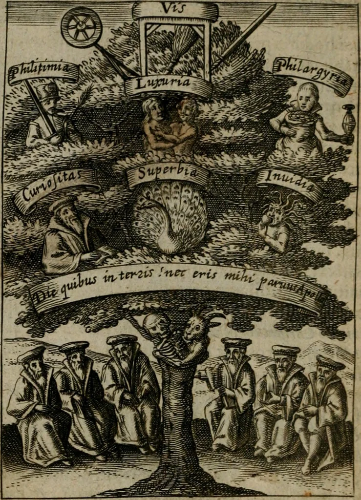 An illustration from Viridarium hieroglyphico-morale : in quo virtutes et vitia, atque mores huius aeui secundum tres ordines hierarchicos, ecclesiasticum, politicum, oeconomicum, per definitiones, distributiones, causas, adfectiones, adiuncta, effecta &c. piè, prudenter, dextrè ac variè explicantur, & non tantum dictis, & exemplis historiarum veterum ac recentium, ex sacris scripturis, sanctis patribus, seu Dd. ecclesiae, poetis, philosophis, historicis cum Christianorum tum gentilium, sed etiam artificiosissimis eiconibus hieroglyphicis illustrantur : opusculum novum ac rarum, cuius vsum atq[ue] vtilitatem praefixa praefatio docebit, 1619, leaf 41