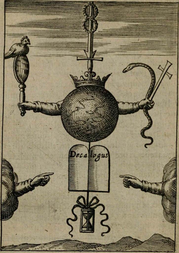 An illustration from Viridarium hieroglyphico-morale : in quo virtutes et vitia, atque mores huius aeui secundum tres ordines hierarchicos, ecclesiasticum, politicum, oeconomicum, per definitiones, distributiones, causas, adfectiones, adiuncta, effecta &c. piè, prudenter, dextrè ac variè explicantur, & non tantum dictis, & exemplis historiarum veterum ac recentium, ex sacris scripturis, sanctis patribus, seu Dd. ecclesiae, poetis, philosophis, historicis cum Christianorum tum gentilium, sed etiam artificiosissimis eiconibus hieroglyphicis illustrantur : opusculum novum ac rarum, cuius vsum atq[ue] vtilitatem praefixa praefatio docebit, 1619, leaf 47