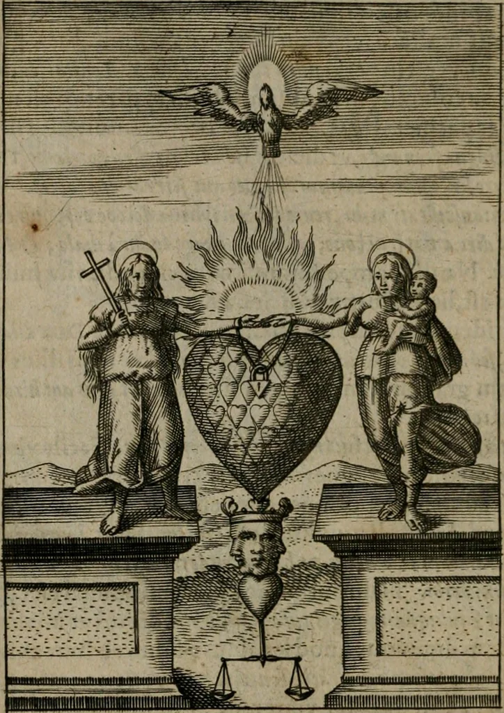 An illustration from Viridarium hieroglyphico-morale : in quo virtutes et vitia, atque mores huius aeui secundum tres ordines hierarchicos, ecclesiasticum, politicum, oeconomicum, per definitiones, distributiones, causas, adfectiones, adiuncta, effecta &c. piè, prudenter, dextrè ac variè explicantur, & non tantum dictis, & exemplis historiarum veterum ac recentium, ex sacris scripturis, sanctis patribus, seu Dd. ecclesiae, poetis, philosophis, historicis cum Christianorum tum gentilium, sed etiam artificiosissimis eiconibus hieroglyphicis illustrantur : opusculum novum ac rarum, cuius vsum atq[ue] vtilitatem praefixa praefatio docebit, 1619, leaf 49