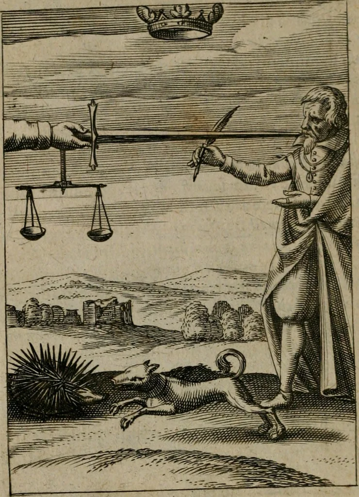 An illustration from Viridarium hieroglyphico-morale : in quo virtutes et vitia, atque mores huius aeui secundum tres ordines hierarchicos, ecclesiasticum, politicum, oeconomicum, per definitiones, distributiones, causas, adfectiones, adiuncta, effecta &c. piè, prudenter, dextrè ac variè explicantur, & non tantum dictis, & exemplis historiarum veterum ac recentium, ex sacris scripturis, sanctis patribus, seu Dd. ecclesiae, poetis, philosophis, historicis cum Christianorum tum gentilium, sed etiam artificiosissimis eiconibus hieroglyphicis illustrantur : opusculum novum ac rarum, cuius vsum atq[ue] vtilitatem praefixa praefatio docebit, 1619, leaf 55