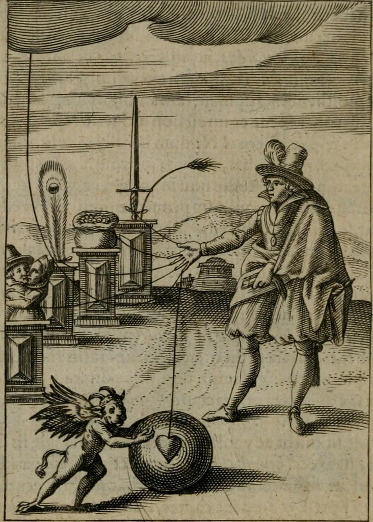 An illustration from Viridarium hieroglyphico-morale : in quo virtutes et vitia, atque mores huius aeui secundum tres ordines hierarchicos, ecclesiasticum, politicum, oeconomicum, per definitiones, distributiones, causas, adfectiones, adiuncta, effecta &c. piè, prudenter, dextrè ac variè explicantur, & non tantum dictis, & exemplis historiarum veterum ac recentium, ex sacris scripturis, sanctis patribus, seu Dd. ecclesiae, poetis, philosophis, historicis cum Christianorum tum gentilium, sed etiam artificiosissimis eiconibus hieroglyphicis illustrantur : opusculum novum ac rarum, cuius vsum atq[ue] vtilitatem praefixa praefatio docebit, 1619, leaf 59