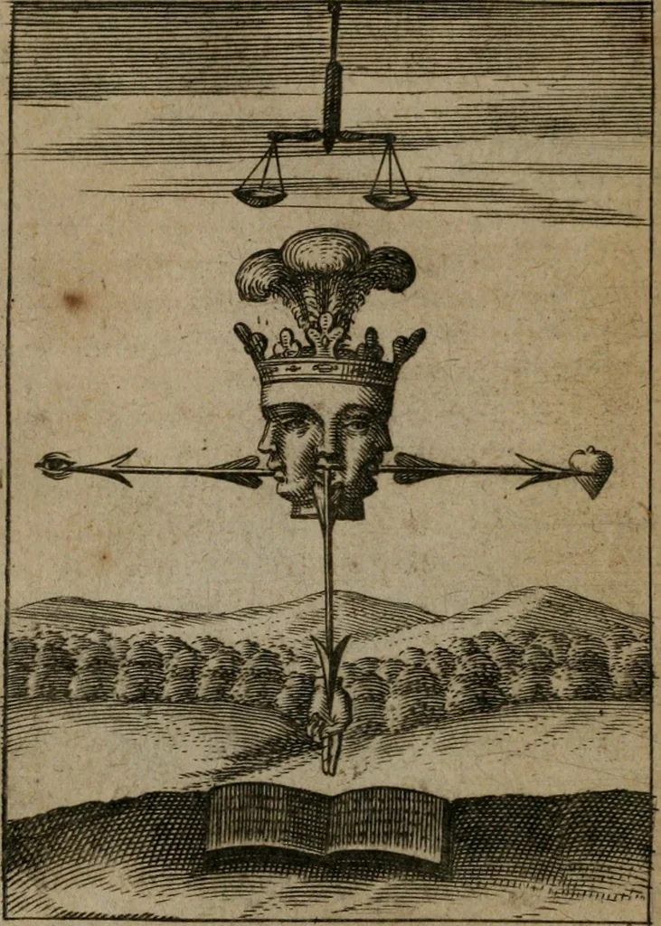 An illustration from Viridarium hieroglyphico-morale : in quo virtutes et vitia, atque mores huius aeui secundum tres ordines hierarchicos, ecclesiasticum, politicum, oeconomicum, per definitiones, distributiones, causas, adfectiones, adiuncta, effecta &c. piè, prudenter, dextrè ac variè explicantur, & non tantum dictis, & exemplis historiarum veterum ac recentium, ex sacris scripturis, sanctis patribus, seu Dd. ecclesiae, poetis, philosophis, historicis cum Christianorum tum gentilium, sed etiam artificiosissimis eiconibus hieroglyphicis illustrantur : opusculum novum ac rarum, cuius vsum atq[ue] vtilitatem praefixa praefatio docebit, 1619, leaf 61