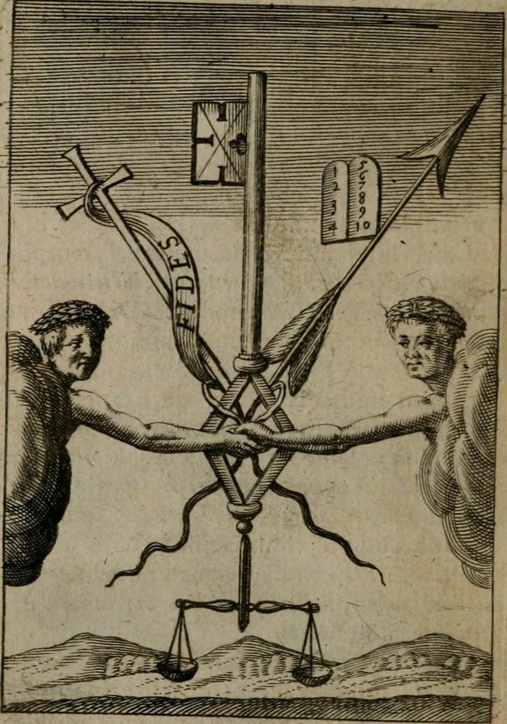 An illustration from Viridarium hieroglyphico-morale : in quo virtutes et vitia, atque mores huius aeui secundum tres ordines hierarchicos, ecclesiasticum, politicum, oeconomicum, per definitiones, distributiones, causas, adfectiones, adiuncta, effecta &c. piè, prudenter, dextrè ac variè explicantur, & non tantum dictis, & exemplis historiarum veterum ac recentium, ex sacris scripturis, sanctis patribus, seu Dd. ecclesiae, poetis, philosophis, historicis cum Christianorum tum gentilium, sed etiam artificiosissimis eiconibus hieroglyphicis illustrantur : opusculum novum ac rarum, cuius vsum atq[ue] vtilitatem praefixa praefatio docebit, 1619, leaf 65
