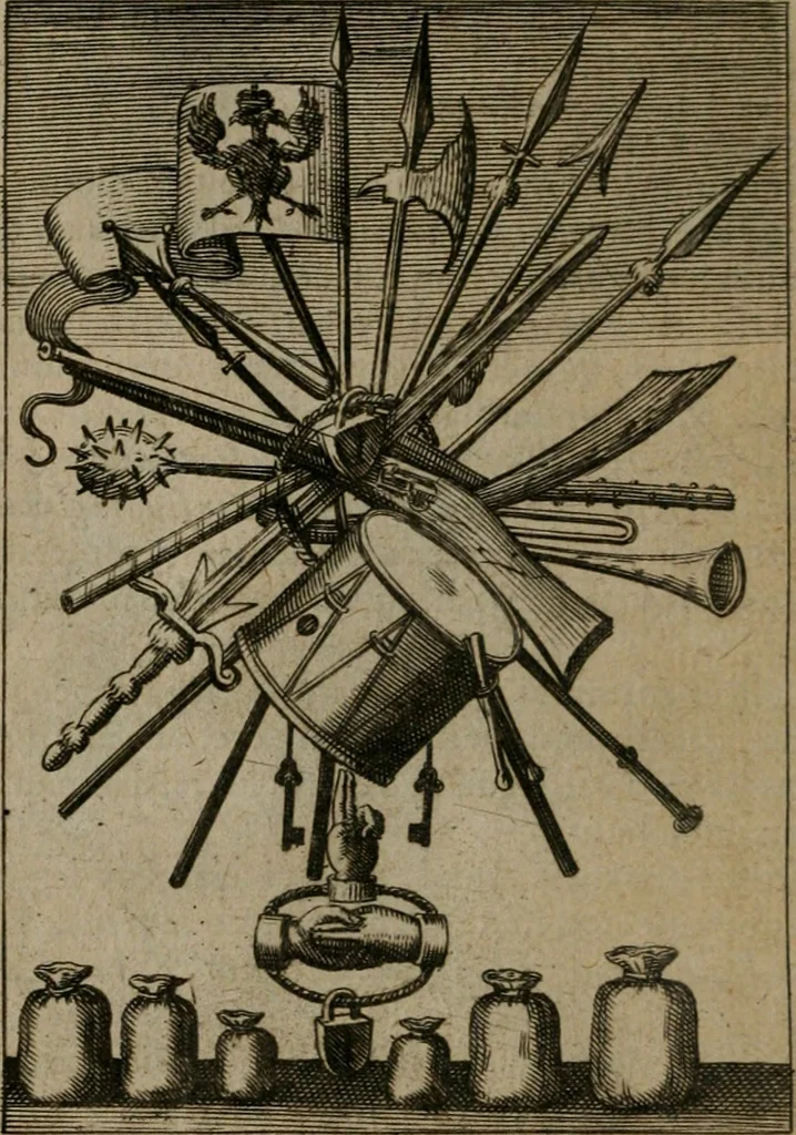 An illustration from Viridarium hieroglyphico-morale : in quo virtutes et vitia, atque mores huius aeui secundum tres ordines hierarchicos, ecclesiasticum, politicum, oeconomicum, per definitiones, distributiones, causas, adfectiones, adiuncta, effecta &c. piè, prudenter, dextrè ac variè explicantur, & non tantum dictis, & exemplis historiarum veterum ac recentium, ex sacris scripturis, sanctis patribus, seu Dd. ecclesiae, poetis, philosophis, historicis cum Christianorum tum gentilium, sed etiam artificiosissimis eiconibus hieroglyphicis illustrantur : opusculum novum ac rarum, cuius vsum atq[ue] vtilitatem praefixa praefatio docebit, 1619, leaf 67