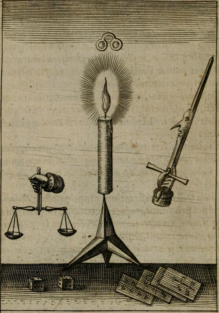 An illustration from Viridarium hieroglyphico-morale : in quo virtutes et vitia, atque mores huius aeui secundum tres ordines hierarchicos, ecclesiasticum, politicum, oeconomicum, per definitiones, distributiones, causas, adfectiones, adiuncta, effecta &c. piè, prudenter, dextrè ac variè explicantur, & non tantum dictis, & exemplis historiarum veterum ac recentium, ex sacris scripturis, sanctis patribus, seu Dd. ecclesiae, poetis, philosophis, historicis cum Christianorum tum gentilium, sed etiam artificiosissimis eiconibus hieroglyphicis illustrantur : opusculum novum ac rarum, cuius vsum atq[ue] vtilitatem praefixa praefatio docebit, 1619, leaf 73