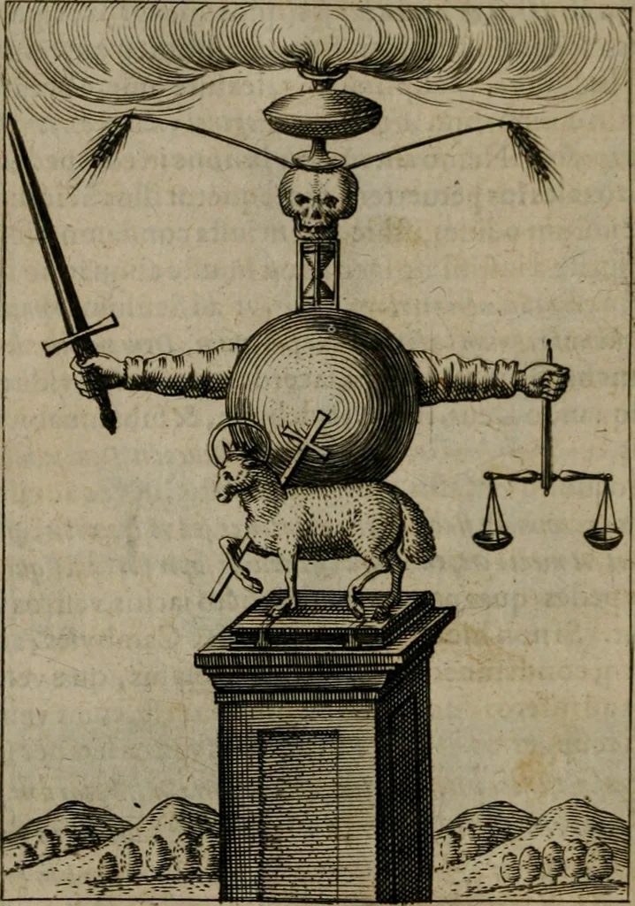 An illustration from Viridarium hieroglyphico-morale : in quo virtutes et vitia, atque mores huius aeui secundum tres ordines hierarchicos, ecclesiasticum, politicum, oeconomicum, per definitiones, distributiones, causas, adfectiones, adiuncta, effecta &c. piè, prudenter, dextrè ac variè explicantur, & non tantum dictis, & exemplis historiarum veterum ac recentium, ex sacris scripturis, sanctis patribus, seu Dd. ecclesiae, poetis, philosophis, historicis cum Christianorum tum gentilium, sed etiam artificiosissimis eiconibus hieroglyphicis illustrantur : opusculum novum ac rarum, cuius vsum atq[ue] vtilitatem praefixa praefatio docebit, 1619, leaf 75