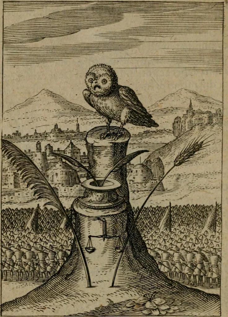 An illustration from Viridarium hieroglyphico-morale : in quo virtutes et vitia, atque mores huius aeui secundum tres ordines hierarchicos, ecclesiasticum, politicum, oeconomicum, per definitiones, distributiones, causas, adfectiones, adiuncta, effecta &c. piè, prudenter, dextrè ac variè explicantur, & non tantum dictis, & exemplis historiarum veterum ac recentium, ex sacris scripturis, sanctis patribus, seu Dd. ecclesiae, poetis, philosophis, historicis cum Christianorum tum gentilium, sed etiam artificiosissimis eiconibus hieroglyphicis illustrantur : opusculum novum ac rarum, cuius vsum atq[ue] vtilitatem praefixa praefatio docebit, 1619, leaf 77