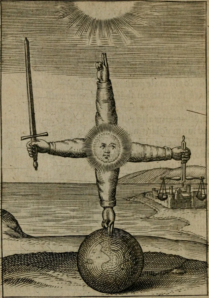 An illustration from Viridarium hieroglyphico-morale : in quo virtutes et vitia, atque mores huius aeui secundum tres ordines hierarchicos, ecclesiasticum, politicum, oeconomicum, per definitiones, distributiones, causas, adfectiones, adiuncta, effecta &c. piè, prudenter, dextrè ac variè explicantur, & non tantum dictis, & exemplis historiarum veterum ac recentium, ex sacris scripturis, sanctis patribus, seu Dd. ecclesiae, poetis, philosophis, historicis cum Christianorum tum gentilium, sed etiam artificiosissimis eiconibus hieroglyphicis illustrantur : opusculum novum ac rarum, cuius vsum atq[ue] vtilitatem praefixa praefatio docebit, 1619, leaf 79