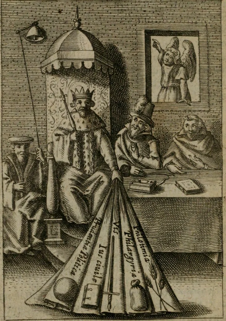 An illustration from Viridarium hieroglyphico-morale : in quo virtutes et vitia, atque mores huius aeui secundum tres ordines hierarchicos, ecclesiasticum, politicum, oeconomicum, per definitiones, distributiones, causas, adfectiones, adiuncta, effecta &c. piè, prudenter, dextrè ac variè explicantur, & non tantum dictis, & exemplis historiarum veterum ac recentium, ex sacris scripturis, sanctis patribus, seu Dd. ecclesiae, poetis, philosophis, historicis cum Christianorum tum gentilium, sed etiam artificiosissimis eiconibus hieroglyphicis illustrantur : opusculum novum ac rarum, cuius vsum atq[ue] vtilitatem praefixa praefatio docebit, 1619, leaf 87