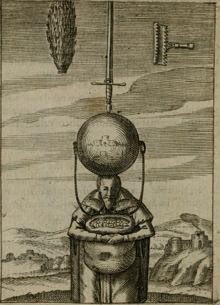 An illustration from Viridarium hieroglyphico-morale : in quo virtutes et vitia, atque mores huius aeui secundum tres ordines hierarchicos, ecclesiasticum, politicum, oeconomicum, per definitiones, distributiones, causas, adfectiones, adiuncta, effecta &c. piè, prudenter, dextrè ac variè explicantur, & non tantum dictis, & exemplis historiarum veterum ac recentium, ex sacris scripturis, sanctis patribus, seu Dd. ecclesiae, poetis, philosophis, historicis cum Christianorum tum gentilium, sed etiam artificiosissimis eiconibus hieroglyphicis illustrantur : opusculum novum ac rarum, cuius vsum atq[ue] vtilitatem praefixa praefatio docebit, 1619, leaf 91
