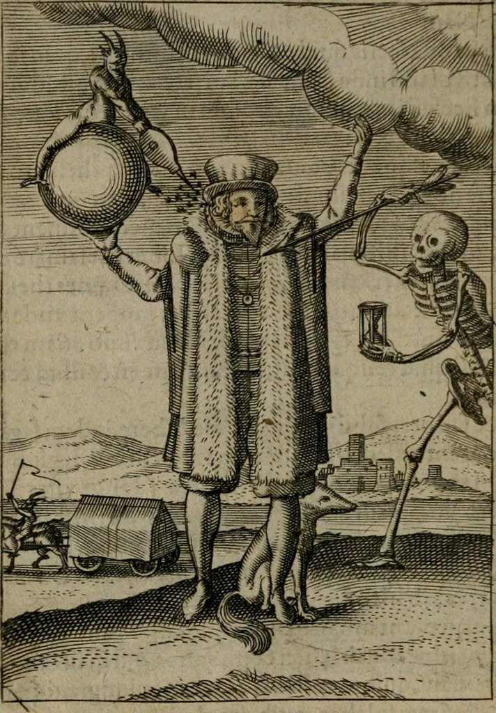 An illustration from Viridarium hieroglyphico-morale : in quo virtutes et vitia, atque mores huius aeui secundum tres ordines hierarchicos, ecclesiasticum, politicum, oeconomicum, per definitiones, distributiones, causas, adfectiones, adiuncta, effecta &c. piè, prudenter, dextrè ac variè explicantur, & non tantum dictis, & exemplis historiarum veterum ac recentium, ex sacris scripturis, sanctis patribus, seu Dd. ecclesiae, poetis, philosophis, historicis cum Christianorum tum gentilium, sed etiam artificiosissimis eiconibus hieroglyphicis illustrantur : opusculum novum ac rarum, cuius vsum atq[ue] vtilitatem praefixa praefatio docebit, 1619, leaf 93