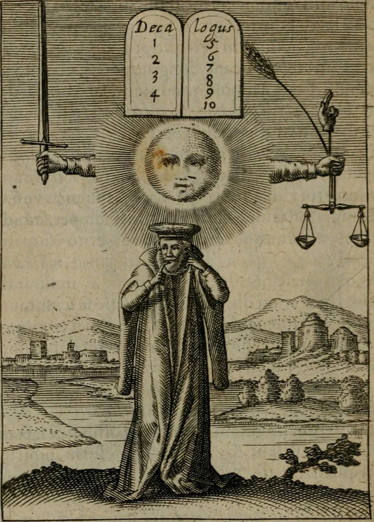 An illustration from Viridarium hieroglyphico-morale : in quo virtutes et vitia, atque mores huius aeui secundum tres ordines hierarchicos, ecclesiasticum, politicum, oeconomicum, per definitiones, distributiones, causas, adfectiones, adiuncta, effecta &c. piè, prudenter, dextrè ac variè explicantur, & non tantum dictis, & exemplis historiarum veterum ac recentium, ex sacris scripturis, sanctis patribus, seu Dd. ecclesiae, poetis, philosophis, historicis cum Christianorum tum gentilium, sed etiam artificiosissimis eiconibus hieroglyphicis illustrantur : opusculum novum ac rarum, cuius vsum atq[ue] vtilitatem praefixa praefatio docebit, 1619, leaf 95