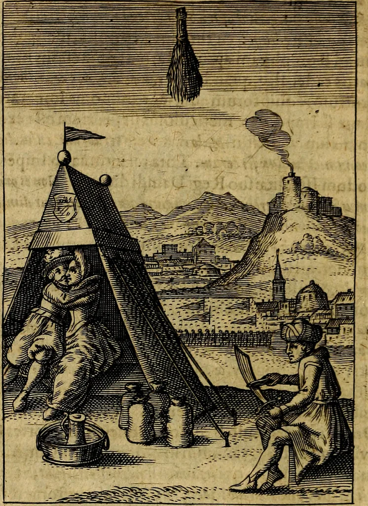 An illustration from Viridarium hieroglyphico-morale. In quo ... mores huius aevi ... explicantur, & non tantum dictis, & exemplis historiarum veterum ac recentium, ex sacris scripturis, sanctis Patribus, seu Dd. ecclesiae, poetis, philosophis, historicis cum Christianorum tum gentilium, sed etiam artificiosissimis eiconibus hieroglyphicis illustrantur, 1619, leaf 111
