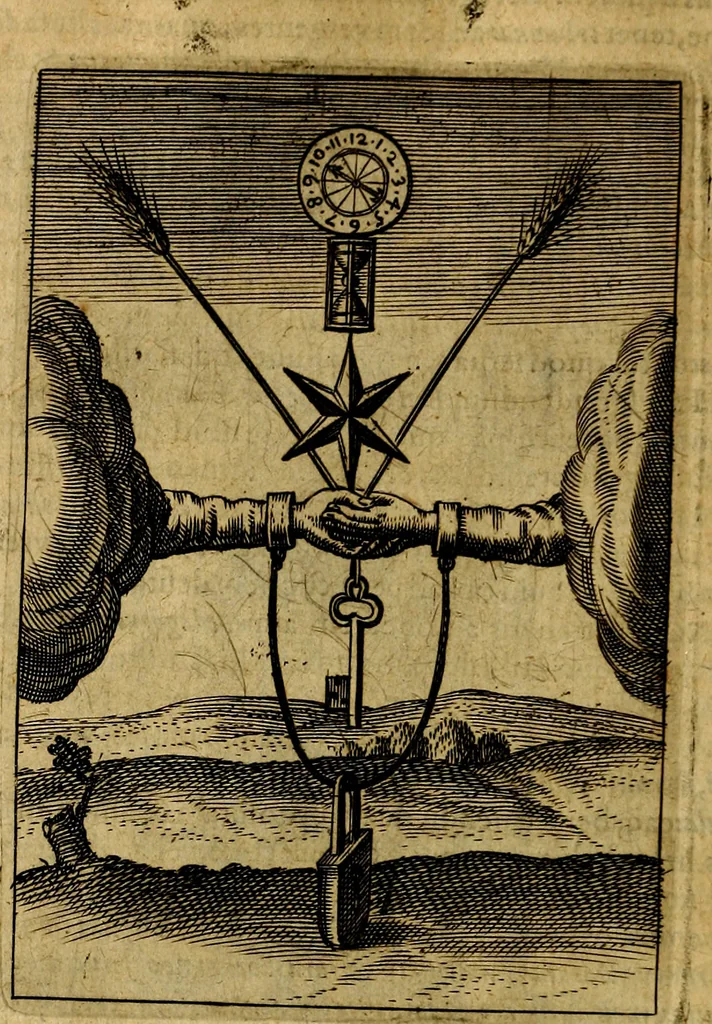 An illustration from Viridarium hieroglyphico-morale. In quo ... mores huius aevi ... explicantur, & non tantum dictis, & exemplis historiarum veterum ac recentium, ex sacris scripturis, sanctis Patribus, seu Dd. ecclesiae, poetis, philosophis, historicis cum Christianorum tum gentilium, sed etiam artificiosissimis eiconibus hieroglyphicis illustrantur, 1619, leaf 123
