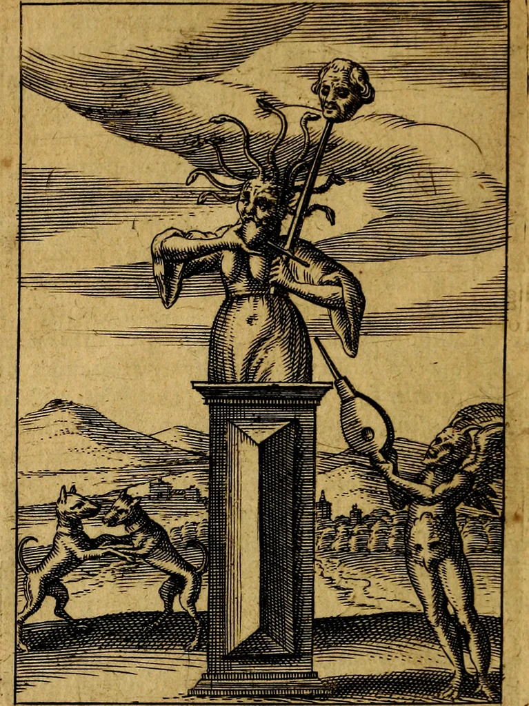 An illustration from Viridarium hieroglyphico-morale. In quo ... mores huius aevi ... explicantur, & non tantum dictis, & exemplis historiarum veterum ac recentium, ex sacris scripturis, sanctis Patribus, seu Dd. ecclesiae, poetis, philosophis, historicis cum Christianorum tum gentilium, sed etiam artificiosissimis eiconibus hieroglyphicis illustrantur, 1619, leaf 141
