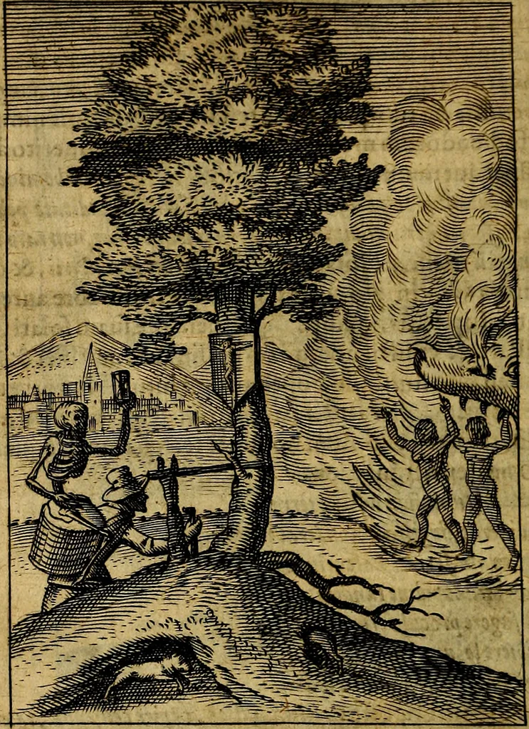 An illustration from Viridarium hieroglyphico-morale. In quo ... mores huius aevi ... explicantur, & non tantum dictis, & exemplis historiarum veterum ac recentium, ex sacris scripturis, sanctis Patribus, seu Dd. ecclesiae, poetis, philosophis, historicis cum Christianorum tum gentilium, sed etiam artificiosissimis eiconibus hieroglyphicis illustrantur, 1619, leaf 157