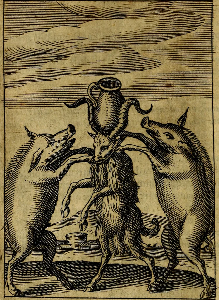 An illustration from Viridarium hieroglyphico-morale. In quo ... mores huius aevi ... explicantur, & non tantum dictis, & exemplis historiarum veterum ac recentium, ex sacris scripturis, sanctis Patribus, seu Dd. ecclesiae, poetis, philosophis, historicis cum Christianorum tum gentilium, sed etiam artificiosissimis eiconibus hieroglyphicis illustrantur, 1619, leaf 159