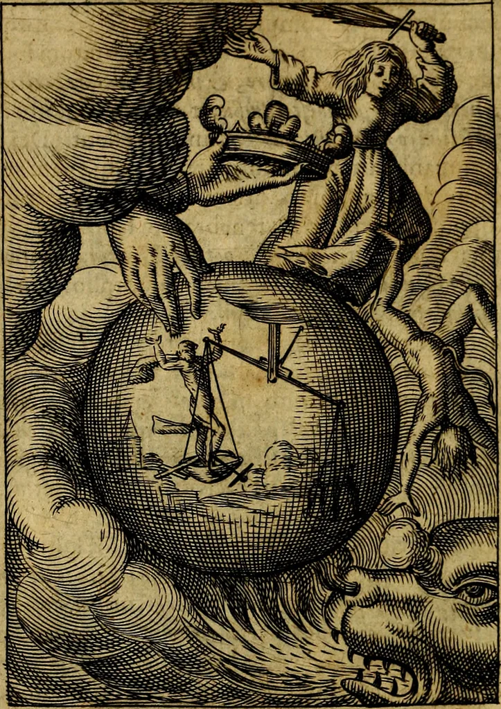 An illustration from Viridarium hieroglyphico-morale. In quo ... mores huius aevi ... explicantur, & non tantum dictis, & exemplis historiarum veterum ac recentium, ex sacris scripturis, sanctis Patribus, seu Dd. ecclesiae, poetis, philosophis, historicis cum Christianorum tum gentilium, sed etiam artificiosissimis eiconibus hieroglyphicis illustrantur, 1619, leaf 163
