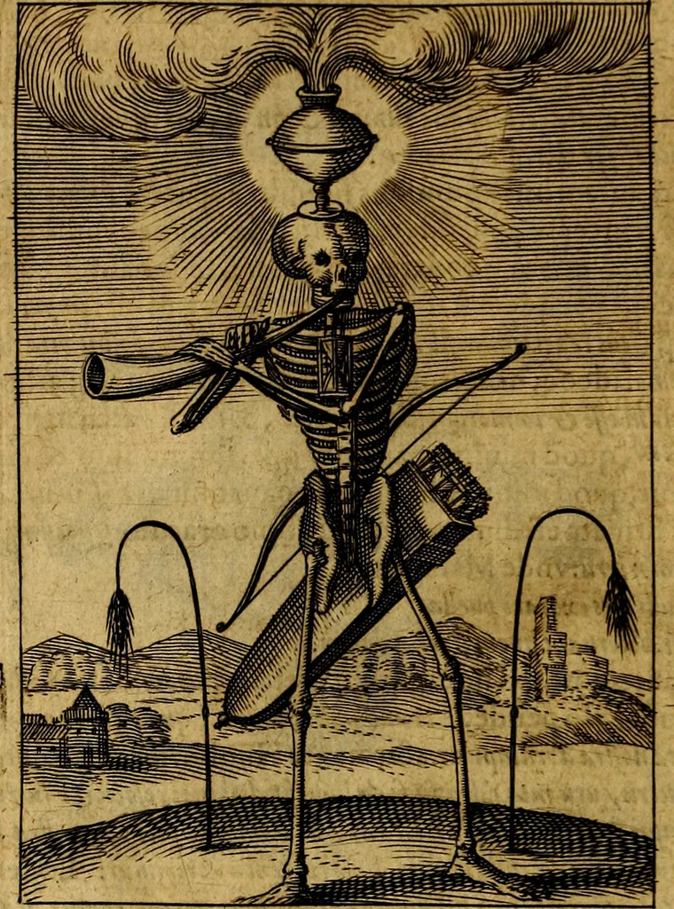 An illustration from Viridarium hieroglyphico-morale. In quo ... mores huius aevi ... explicantur, & non tantum dictis, & exemplis historiarum veterum ac recentium, ex sacris scripturis, sanctis Patribus, seu Dd. ecclesiae, poetis, philosophis, historicis cum Christianorum tum gentilium, sed etiam artificiosissimis eiconibus hieroglyphicis illustrantur, 1619, leaf 171
