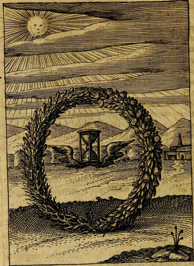 An illustration from Viridarium hieroglyphico-morale. In quo ... mores huius aevi ... explicantur, & non tantum dictis, & exemplis historiarum veterum ac recentium, ex sacris scripturis, sanctis Patribus, seu Dd. ecclesiae, poetis, philosophis, historicis cum Christianorum tum gentilium, sed etiam artificiosissimis eiconibus hieroglyphicis illustrantur, 1619, leaf 183