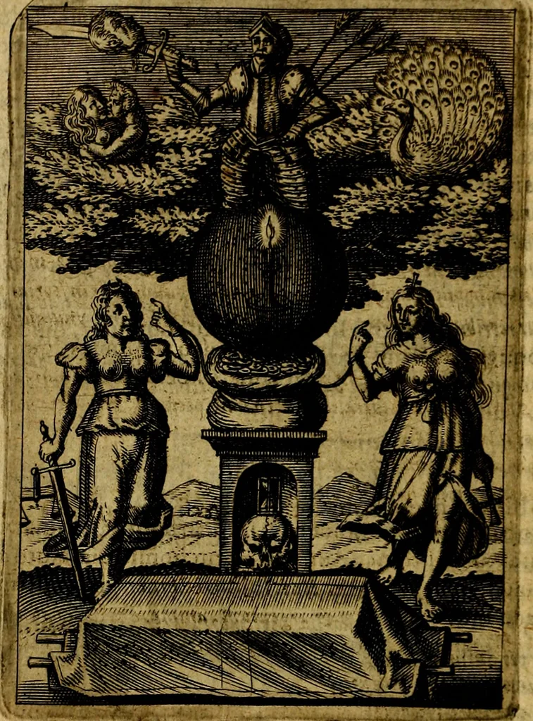 An illustration from Viridarium hieroglyphico-morale. In quo ... mores huius aevi ... explicantur, & non tantum dictis, & exemplis historiarum veterum ac recentium, ex sacris scripturis, sanctis Patribus, seu Dd. ecclesiae, poetis, philosophis, historicis cum Christianorum tum gentilium, sed etiam artificiosissimis eiconibus hieroglyphicis illustrantur, 1619, leaf 19