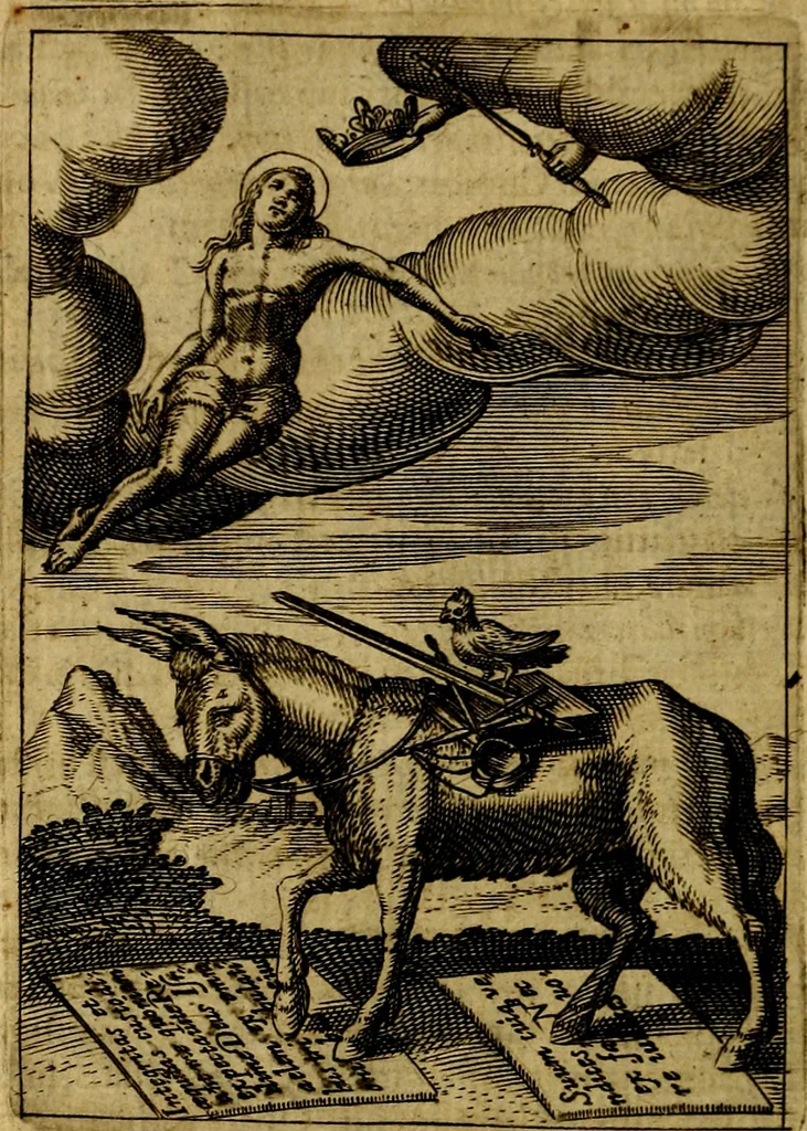 An illustration from Viridarium hieroglyphico-morale. In quo ... mores huius aevi ... explicantur, & non tantum dictis, & exemplis historiarum veterum ac recentium, ex sacris scripturis, sanctis Patribus, seu Dd. ecclesiae, poetis, philosophis, historicis cum Christianorum tum gentilium, sed etiam artificiosissimis eiconibus hieroglyphicis illustrantur, 1619, leaf 25