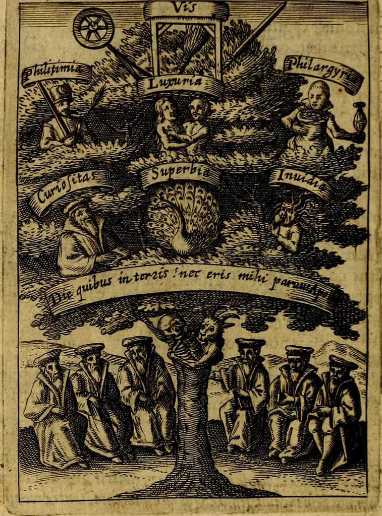 An illustration from Viridarium hieroglyphico-morale. In quo ... mores huius aevi ... explicantur, & non tantum dictis, & exemplis historiarum veterum ac recentium, ex sacris scripturis, sanctis Patribus, seu Dd. ecclesiae, poetis, philosophis, historicis cum Christianorum tum gentilium, sed etiam artificiosissimis eiconibus hieroglyphicis illustrantur, 1619, leaf 41