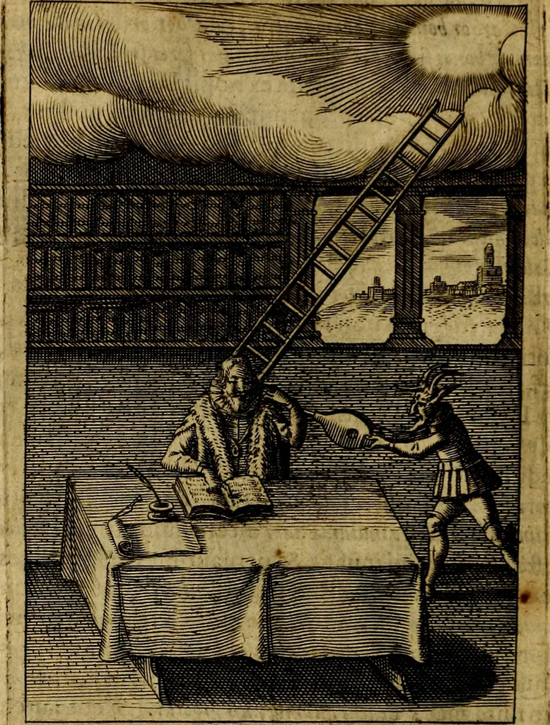 An illustration from Viridarium hieroglyphico-morale. In quo ... mores huius aevi ... explicantur, & non tantum dictis, & exemplis historiarum veterum ac recentium, ex sacris scripturis, sanctis Patribus, seu Dd. ecclesiae, poetis, philosophis, historicis cum Christianorum tum gentilium, sed etiam artificiosissimis eiconibus hieroglyphicis illustrantur, 1619, leaf 43