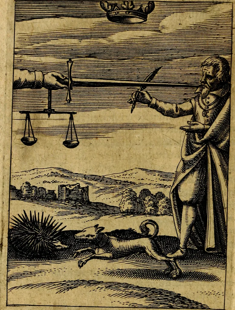 An illustration from Viridarium hieroglyphico-morale. In quo ... mores huius aevi ... explicantur, & non tantum dictis, & exemplis historiarum veterum ac recentium, ex sacris scripturis, sanctis Patribus, seu Dd. ecclesiae, poetis, philosophis, historicis cum Christianorum tum gentilium, sed etiam artificiosissimis eiconibus hieroglyphicis illustrantur, 1619, leaf 55