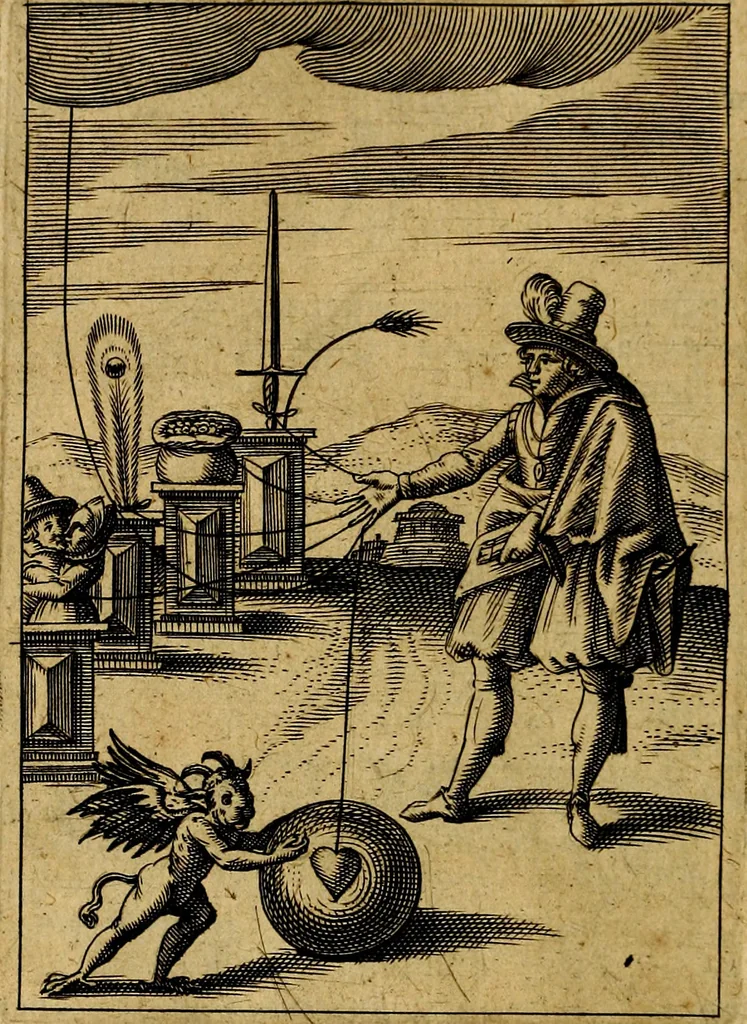 An illustration from Viridarium hieroglyphico-morale. In quo ... mores huius aevi ... explicantur, & non tantum dictis, & exemplis historiarum veterum ac recentium, ex sacris scripturis, sanctis Patribus, seu Dd. ecclesiae, poetis, philosophis, historicis cum Christianorum tum gentilium, sed etiam artificiosissimis eiconibus hieroglyphicis illustrantur, 1619, leaf 59