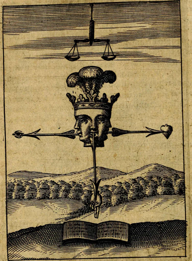 An illustration from Viridarium hieroglyphico-morale. In quo ... mores huius aevi ... explicantur, & non tantum dictis, & exemplis historiarum veterum ac recentium, ex sacris scripturis, sanctis Patribus, seu Dd. ecclesiae, poetis, philosophis, historicis cum Christianorum tum gentilium, sed etiam artificiosissimis eiconibus hieroglyphicis illustrantur, 1619, leaf 61