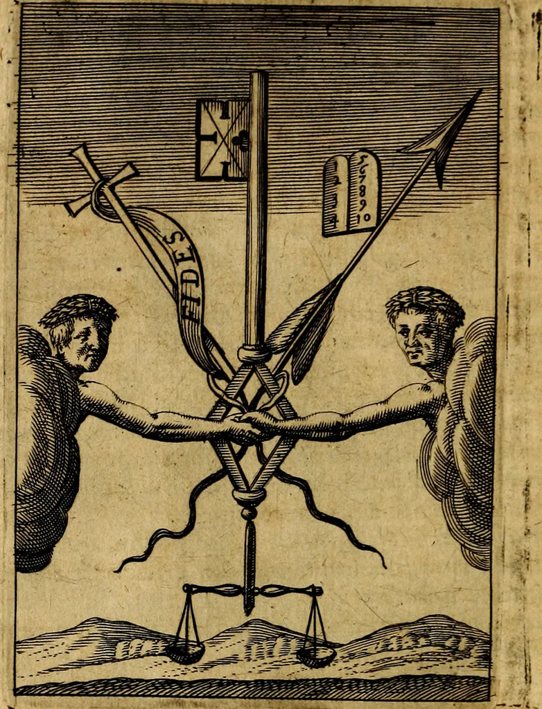 An illustration from Viridarium hieroglyphico-morale. In quo ... mores huius aevi ... explicantur, & non tantum dictis, & exemplis historiarum veterum ac recentium, ex sacris scripturis, sanctis Patribus, seu Dd. ecclesiae, poetis, philosophis, historicis cum Christianorum tum gentilium, sed etiam artificiosissimis eiconibus hieroglyphicis illustrantur, 1619, leaf 65