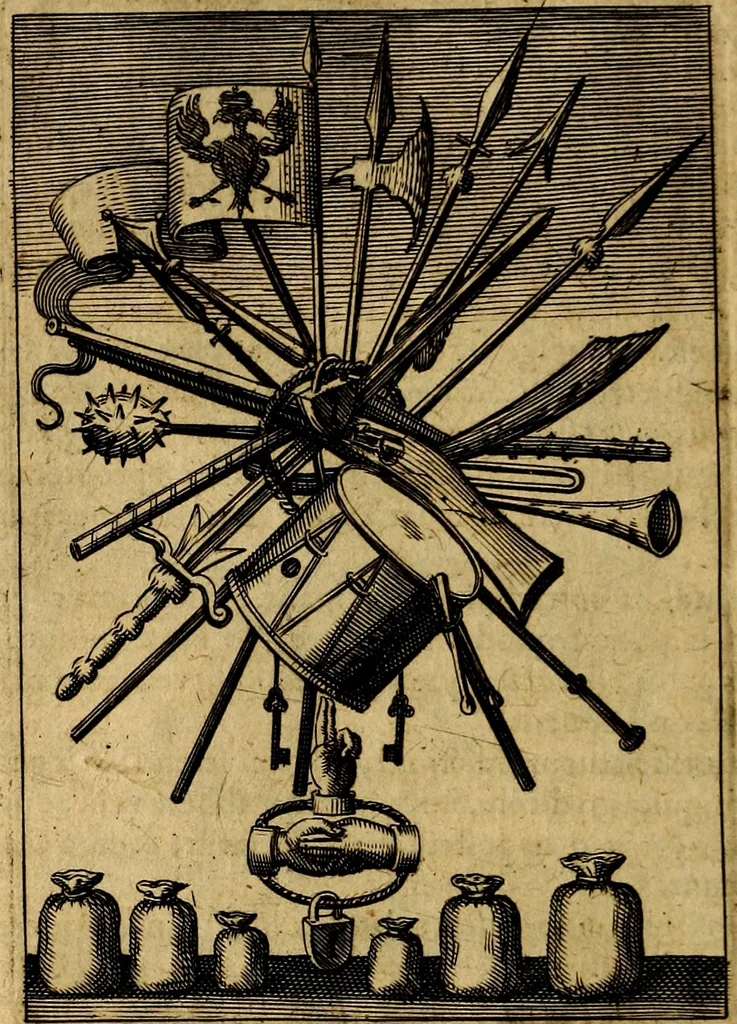 An illustration from Viridarium hieroglyphico-morale. In quo ... mores huius aevi ... explicantur, & non tantum dictis, & exemplis historiarum veterum ac recentium, ex sacris scripturis, sanctis Patribus, seu Dd. ecclesiae, poetis, philosophis, historicis cum Christianorum tum gentilium, sed etiam artificiosissimis eiconibus hieroglyphicis illustrantur, 1619, leaf 67