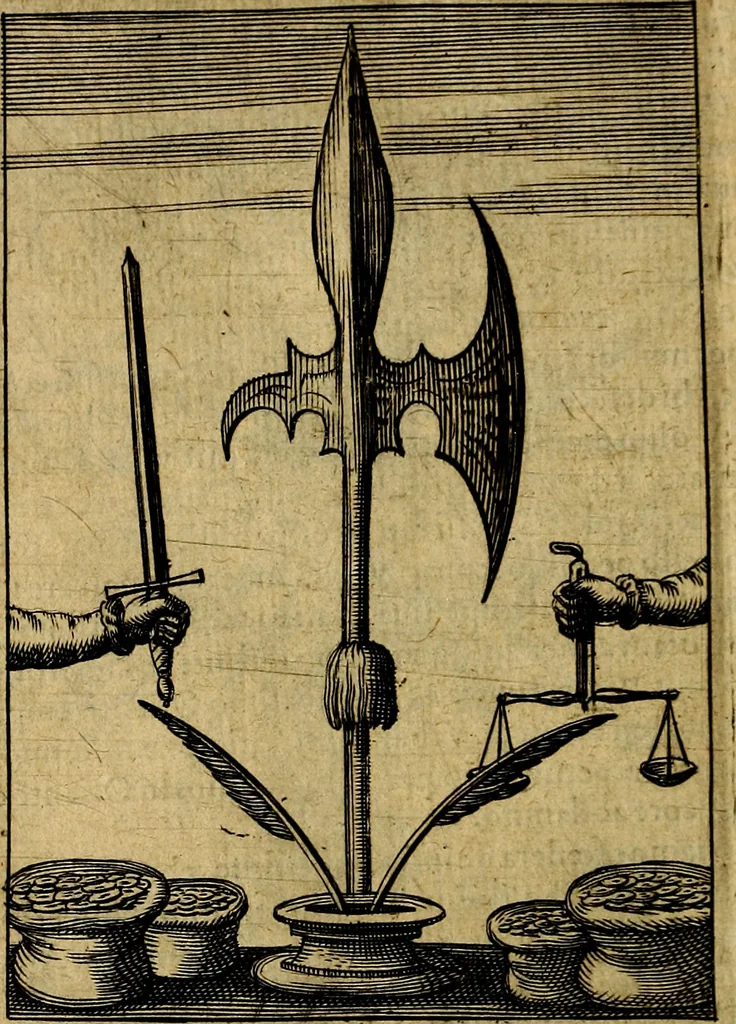 An illustration from Viridarium hieroglyphico-morale. In quo ... mores huius aevi ... explicantur, & non tantum dictis, & exemplis historiarum veterum ac recentium, ex sacris scripturis, sanctis Patribus, seu Dd. ecclesiae, poetis, philosophis, historicis cum Christianorum tum gentilium, sed etiam artificiosissimis eiconibus hieroglyphicis illustrantur, 1619, leaf 69