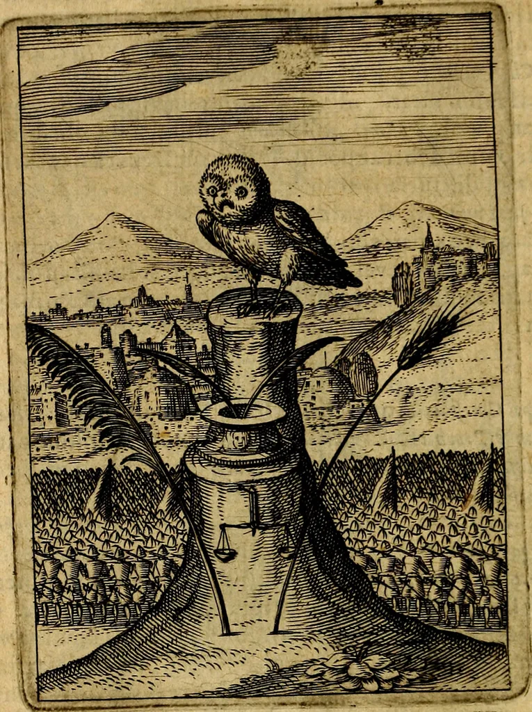 An illustration from Viridarium hieroglyphico-morale. In quo ... mores huius aevi ... explicantur, & non tantum dictis, & exemplis historiarum veterum ac recentium, ex sacris scripturis, sanctis Patribus, seu Dd. ecclesiae, poetis, philosophis, historicis cum Christianorum tum gentilium, sed etiam artificiosissimis eiconibus hieroglyphicis illustrantur, 1619, leaf 77