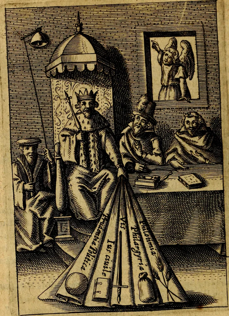 An illustration from Viridarium hieroglyphico-morale. In quo ... mores huius aevi ... explicantur, & non tantum dictis, & exemplis historiarum veterum ac recentium, ex sacris scripturis, sanctis Patribus, seu Dd. ecclesiae, poetis, philosophis, historicis cum Christianorum tum gentilium, sed etiam artificiosissimis eiconibus hieroglyphicis illustrantur, 1619, leaf 87