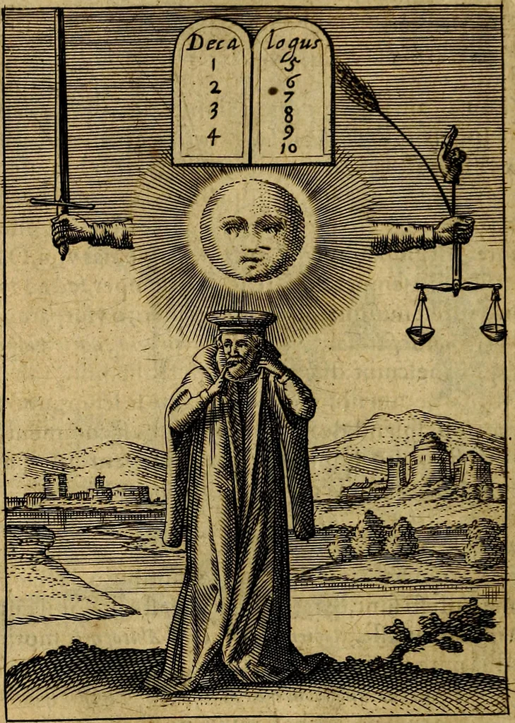 An illustration from Viridarium hieroglyphico-morale. In quo ... mores huius aevi ... explicantur, & non tantum dictis, & exemplis historiarum veterum ac recentium, ex sacris scripturis, sanctis Patribus, seu Dd. ecclesiae, poetis, philosophis, historicis cum Christianorum tum gentilium, sed etiam artificiosissimis eiconibus hieroglyphicis illustrantur, 1619, leaf 95