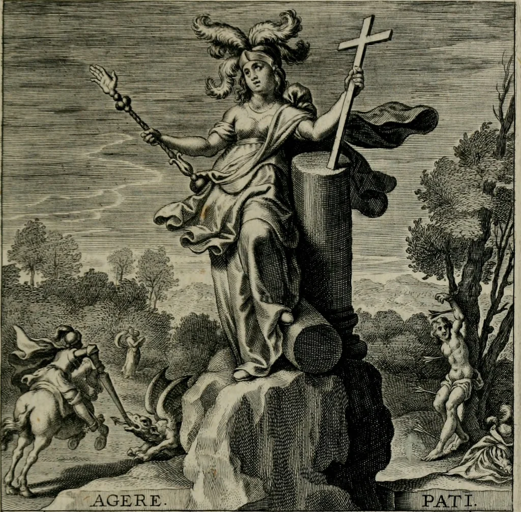An illustration from Virtutes cardinales ethico emblemate expressae : ad praenob. et generos. dominum D. Franciscum de Kinschot, equitem ordinis S. Iacobi, etc, 1645, leaf 38