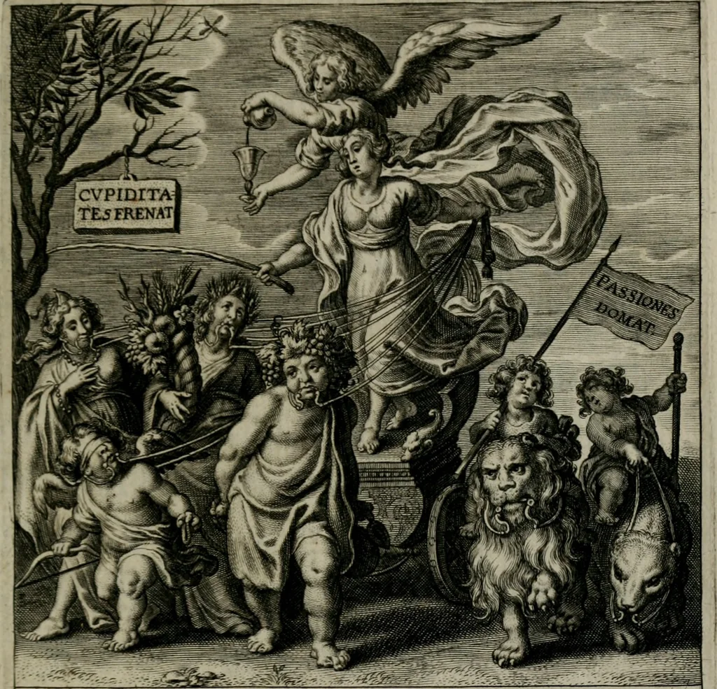 An illustration from Virtutes cardinales ethico emblemate expressae : ad praenob. et generos. dominum D. Franciscum de Kinschot, equitem ordinis S. Iacobi, etc, 1645, leaf 46