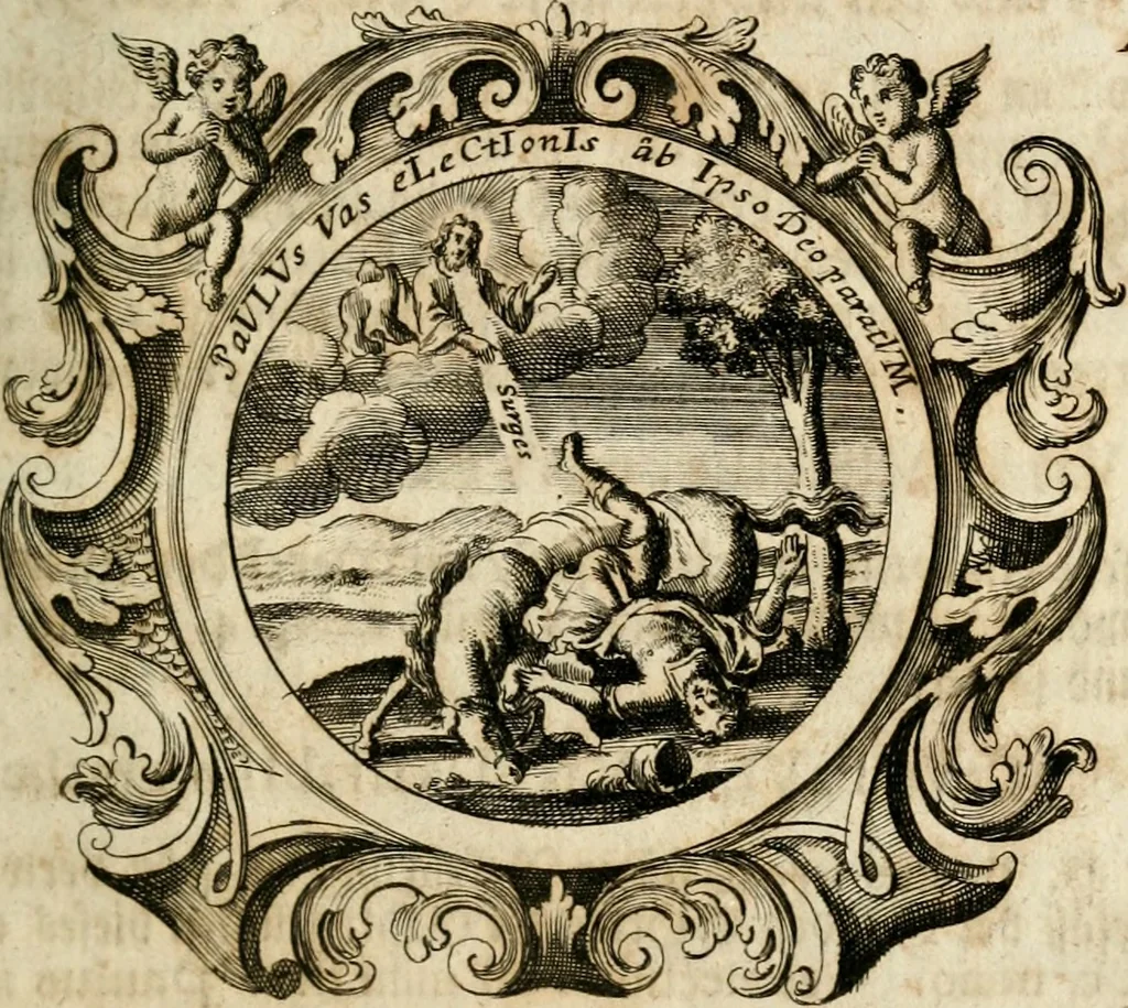 An illustration from VIrtVosIVs pantheon, Deo & sanCtIs ereCtVM, id est, Sermones panegyrici de praecipuis sacrorum ordinum fundatoribus, patriarchis, aliisque terrarum patronis, ad normam & formam Psalmo-graphi, Psal. 148.v.I : LaVDate IpsVM In eXCeLsIs : insertis nonnullis festis de B.M.V. de circumcisione Domini &c. & duodecim signis praedestinationis, quorum singula singulis mensibus praefiguntur cum symbolis chrono-graphicis, & figuris = Das ist, Lob-Predigen von denen fürnehmsten heil. Ordens-Stifftern, Patriarchen, und andern heiligen Lands-Patronen : dann auch auff etwelchen Mariae-Festtägen, und von denen 12. Zeichen der göttlichen Gnaden-Wahl, deren jedes jedem Monat vorgesetzt wird : pars [I-III], 1723, leaf 108