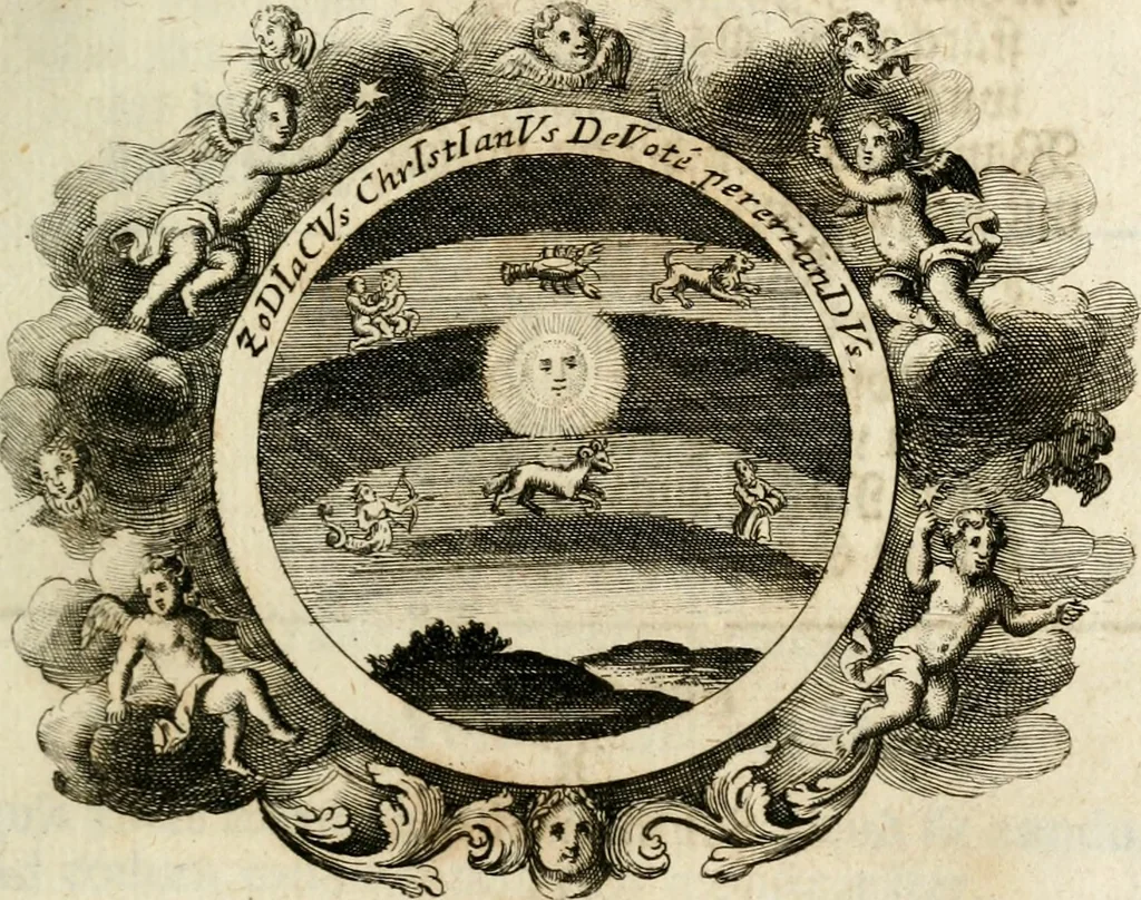 An illustration from VIrtVosIVs pantheon, Deo & sanCtIs ereCtVM, id est, Sermones panegyrici de praecipuis sacrorum ordinum fundatoribus, patriarchis, aliisque terrarum patronis, ad normam & formam Psalmo-graphi, Psal. 148.v.I : LaVDate IpsVM In eXCeLsIs : insertis nonnullis festis de B.M.V. de circumcisione Domini &c. & duodecim signis praedestinationis, quorum singula singulis mensibus praefiguntur cum symbolis chrono-graphicis, & figuris = Das ist, Lob-Predigen von denen fürnehmsten heil. Ordens-Stifftern, Patriarchen, und andern heiligen Lands-Patronen : dann auch auff etwelchen Mariae-Festtägen, und von denen 12. Zeichen der göttlichen Gnaden-Wahl, deren jedes jedem Monat vorgesetzt wird : pars [I-III], 1723, leaf 120