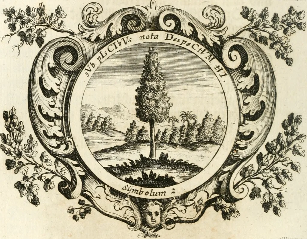 An illustration from VIrtVosIVs pantheon, Deo & sanCtIs ereCtVM, id est, Sermones panegyrici de praecipuis sacrorum ordinum fundatoribus, patriarchis, aliisque terrarum patronis, ad normam & formam Psalmo-graphi, Psal. 148.v.I : LaVDate IpsVM In eXCeLsIs : insertis nonnullis festis de B.M.V. de circumcisione Domini &c. & duodecim signis praedestinationis, quorum singula singulis mensibus praefiguntur cum symbolis chrono-graphicis, & figuris = Das ist, Lob-Predigen von denen fürnehmsten heil. Ordens-Stifftern, Patriarchen, und andern heiligen Lands-Patronen : dann auch auff etwelchen Mariae-Festtägen, und von denen 12. Zeichen der göttlichen Gnaden-Wahl, deren jedes jedem Monat vorgesetzt wird : pars [I-III], 1723, leaf 131