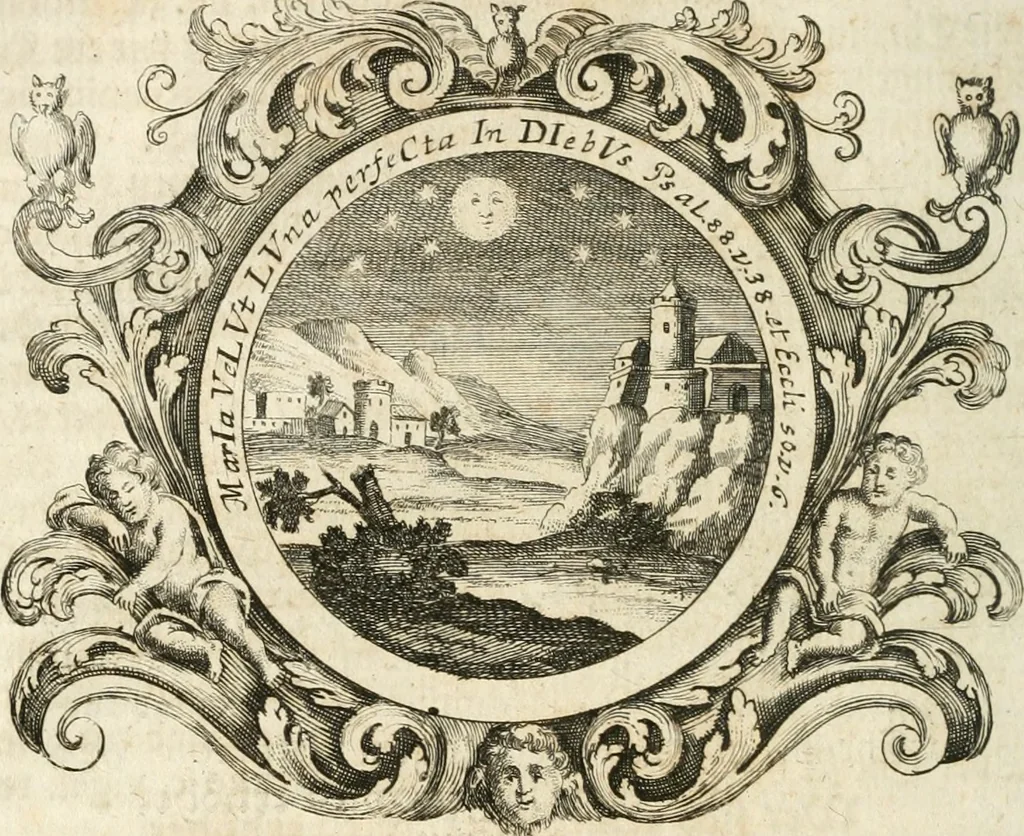 An illustration from VIrtVosIVs pantheon, Deo & sanCtIs ereCtVM, id est, Sermones panegyrici de praecipuis sacrorum ordinum fundatoribus, patriarchis, aliisque terrarum patronis, ad normam & formam Psalmo-graphi, Psal. 148.v.I : LaVDate IpsVM In eXCeLsIs : insertis nonnullis festis de B.M.V. de circumcisione Domini &c. & duodecim signis praedestinationis, quorum singula singulis mensibus praefiguntur cum symbolis chrono-graphicis, & figuris = Das ist, Lob-Predigen von denen fürnehmsten heil. Ordens-Stifftern, Patriarchen, und andern heiligen Lands-Patronen : dann auch auff etwelchen Mariae-Festtägen, und von denen 12. Zeichen der göttlichen Gnaden-Wahl, deren jedes jedem Monat vorgesetzt wird : pars [I-III], 1723, leaf 135