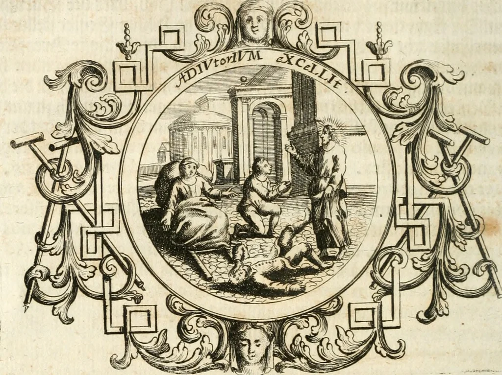 An illustration from VIrtVosIVs pantheon, Deo & sanCtIs ereCtVM, id est, Sermones panegyrici de praecipuis sacrorum ordinum fundatoribus, patriarchis, aliisque terrarum patronis, ad normam & formam Psalmo-graphi, Psal. 148.v.I : LaVDate IpsVM In eXCeLsIs : insertis nonnullis festis de B.M.V. de circumcisione Domini &c. & duodecim signis praedestinationis, quorum singula singulis mensibus praefiguntur cum symbolis chrono-graphicis, & figuris = Das ist, Lob-Predigen von denen fürnehmsten heil. Ordens-Stifftern, Patriarchen, und andern heiligen Lands-Patronen : dann auch auff etwelchen Mariae-Festtägen, und von denen 12. Zeichen der göttlichen Gnaden-Wahl, deren jedes jedem Monat vorgesetzt wird : pars [I-III], 1723, leaf 147