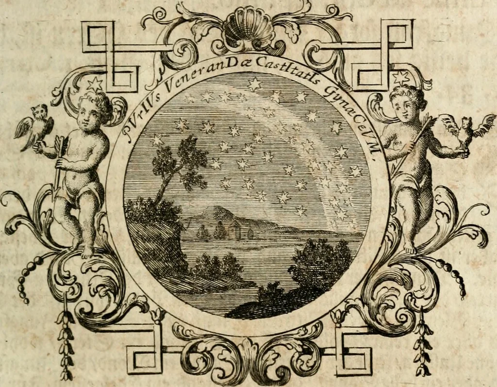 An illustration from VIrtVosIVs pantheon, Deo & sanCtIs ereCtVM, id est, Sermones panegyrici de praecipuis sacrorum ordinum fundatoribus, patriarchis, aliisque terrarum patronis, ad normam & formam Psalmo-graphi, Psal. 148.v.I : LaVDate IpsVM In eXCeLsIs : insertis nonnullis festis de B.M.V. de circumcisione Domini &c. & duodecim signis praedestinationis, quorum singula singulis mensibus praefiguntur cum symbolis chrono-graphicis, & figuris = Das ist, Lob-Predigen von denen fürnehmsten heil. Ordens-Stifftern, Patriarchen, und andern heiligen Lands-Patronen : dann auch auff etwelchen Mariae-Festtägen, und von denen 12. Zeichen der göttlichen Gnaden-Wahl, deren jedes jedem Monat vorgesetzt wird : pars [I-III], 1723, leaf 172